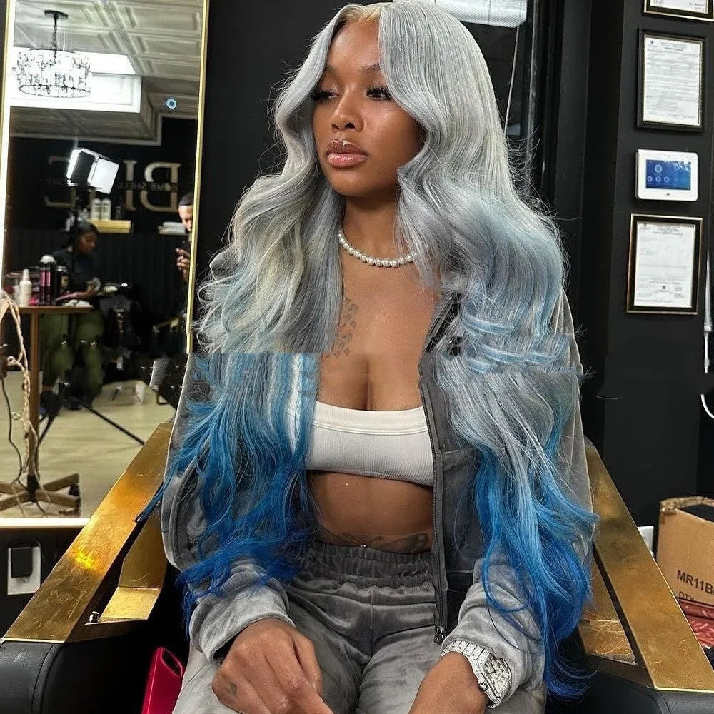 Grey blue gradient colour human hair wig with lace front, shown in long length