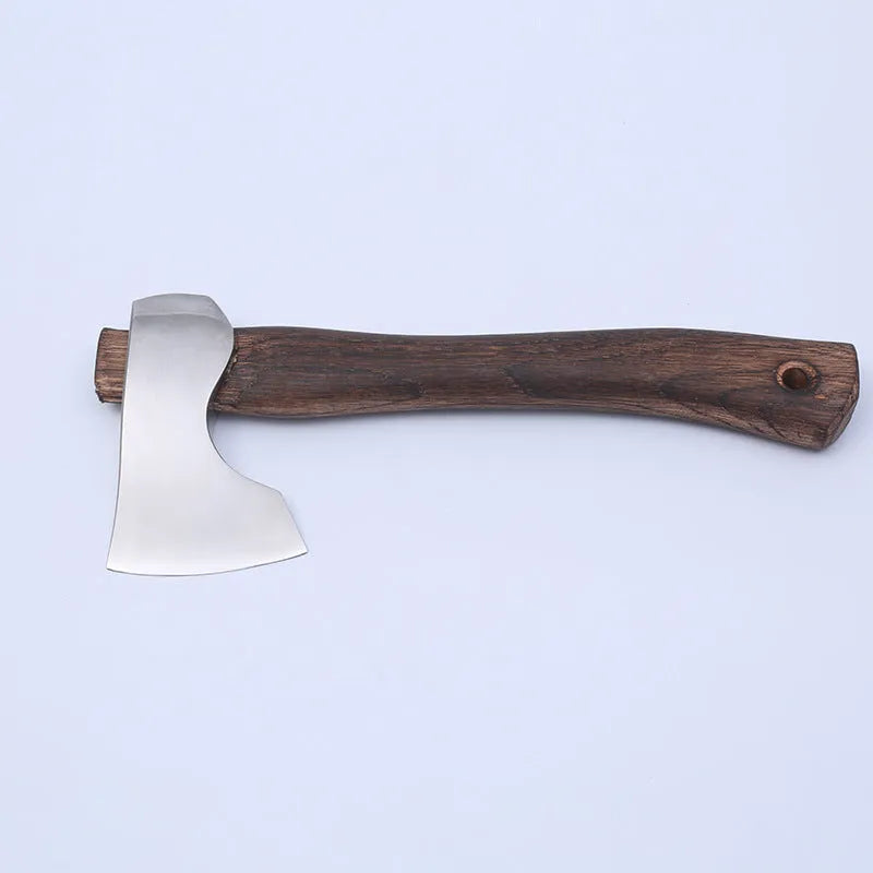 Camping axe with high carbon steel head and wooden handle showing dimensions