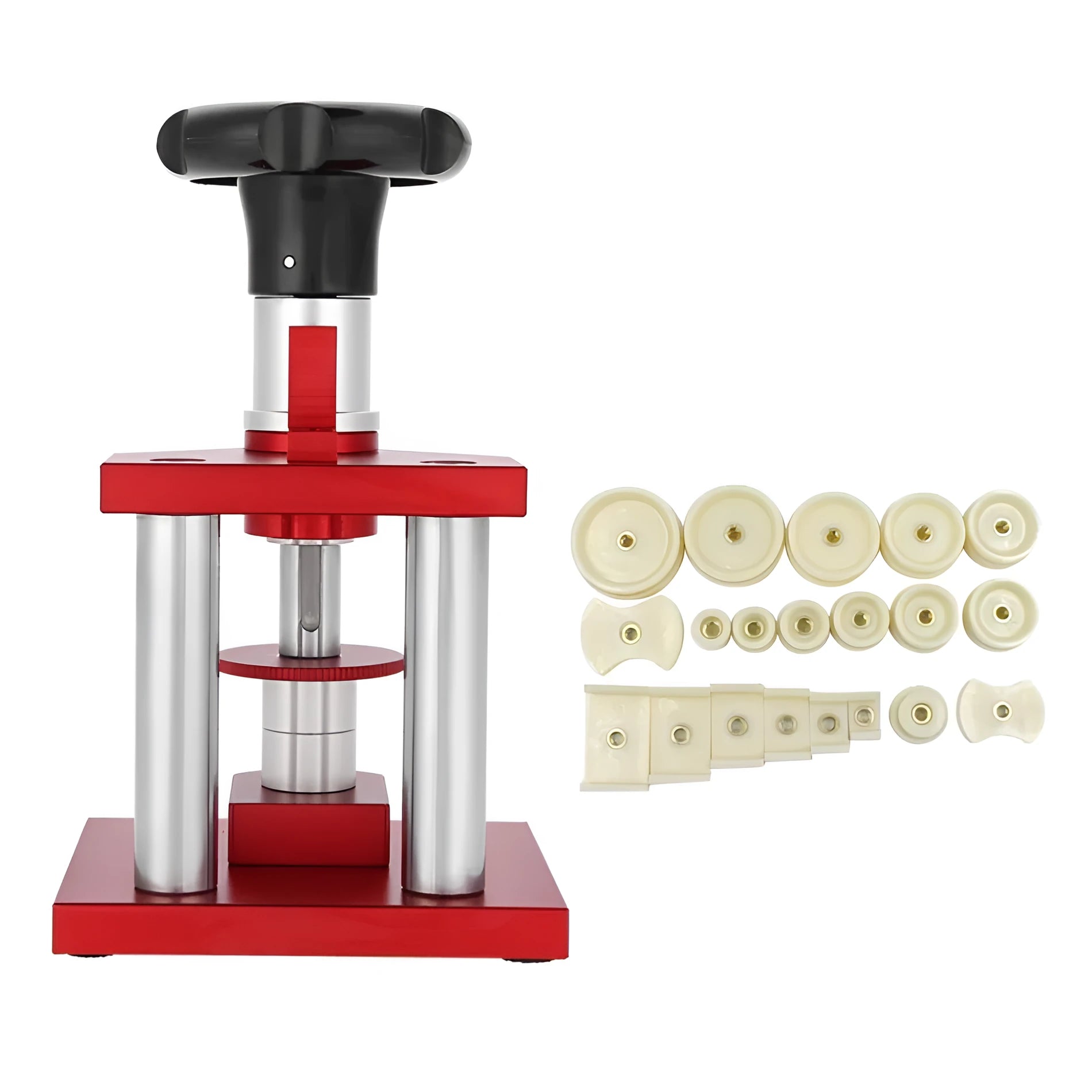 Watch repair spiral cap presser tool with set of 20 plastic moulds for watch back covers