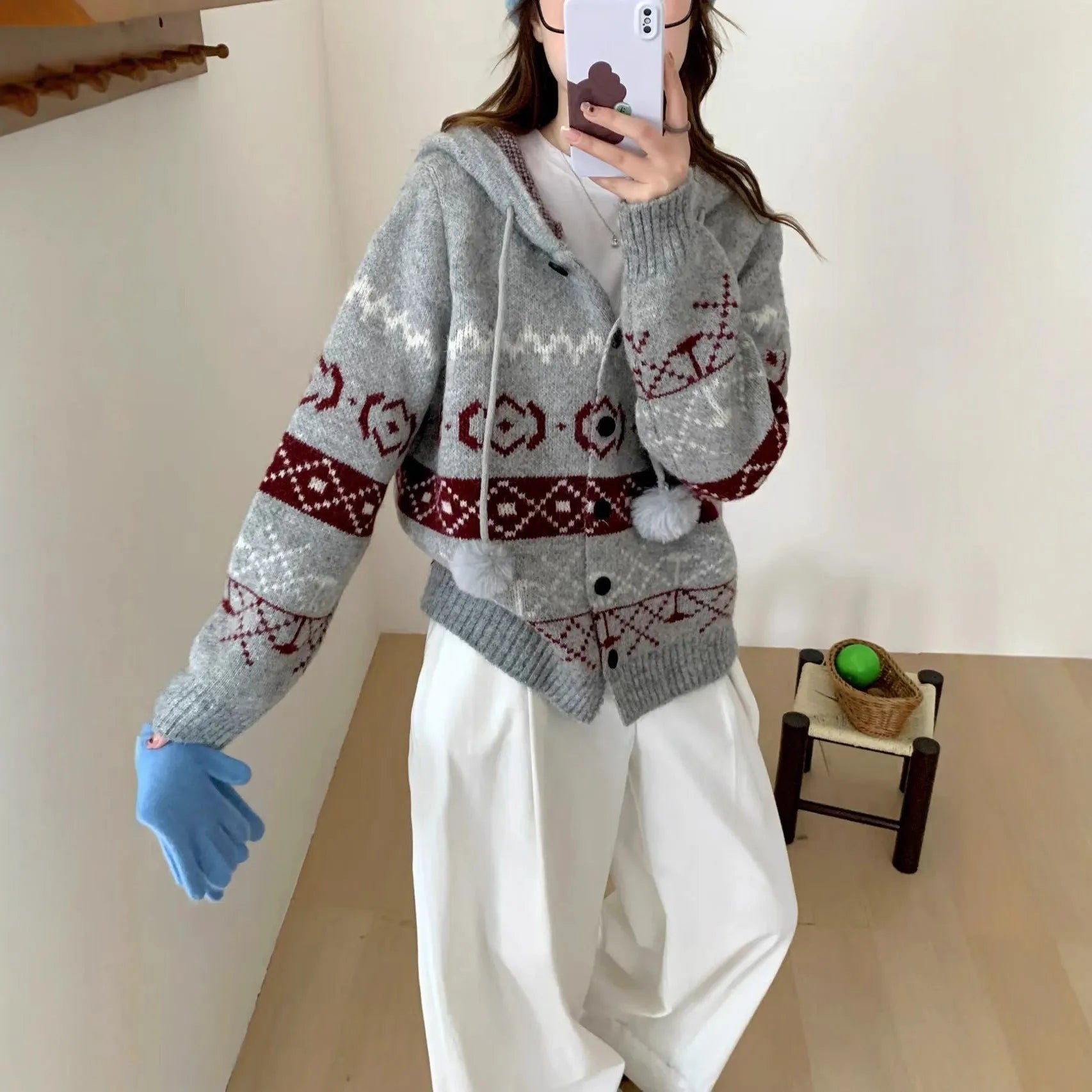 Plus size women's loose fit coat sweater with geometric brocade pattern in beige or grey