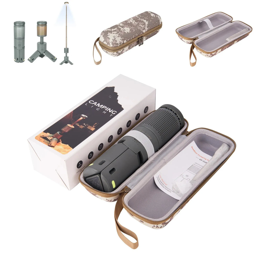 Portable creamy white and dark grey LED camping lantern with a button switch on a table.
