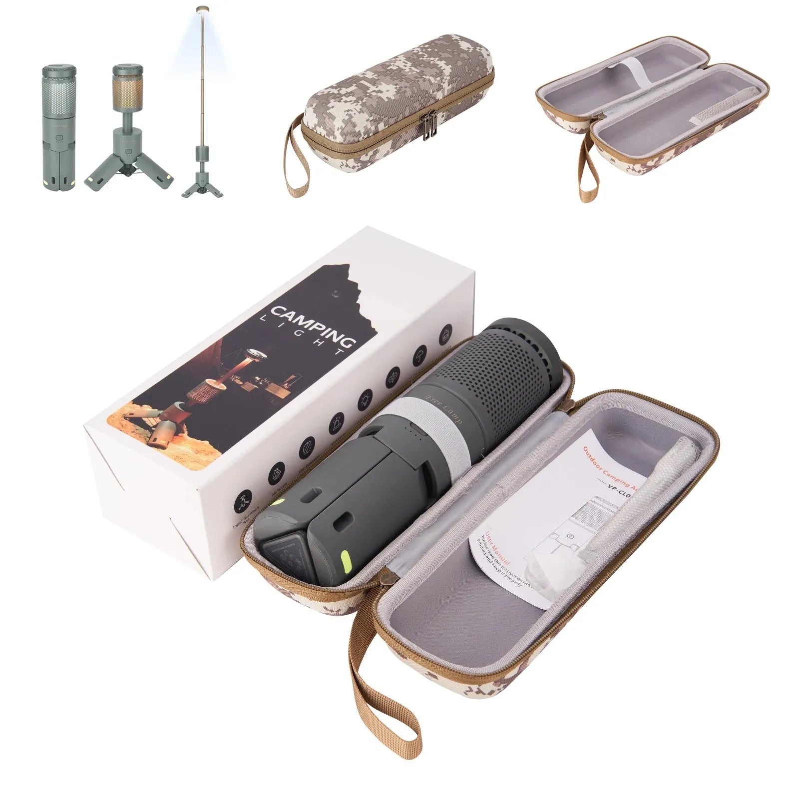Portable creamy white and dark grey LED camping lantern with a button switch on a table.