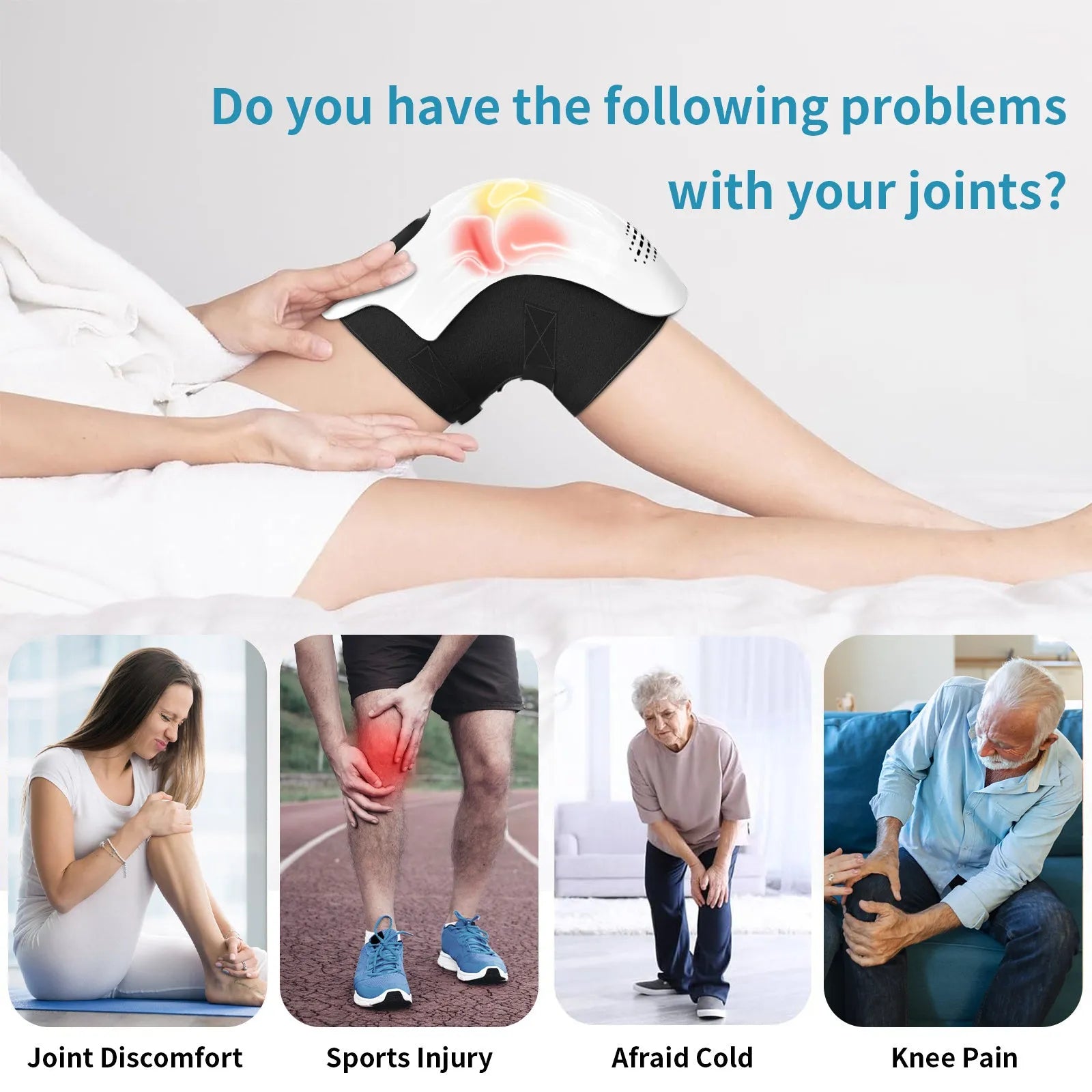 Rechargeable electric knee massager with infrared laser and vibration therapy in white and wood colour options