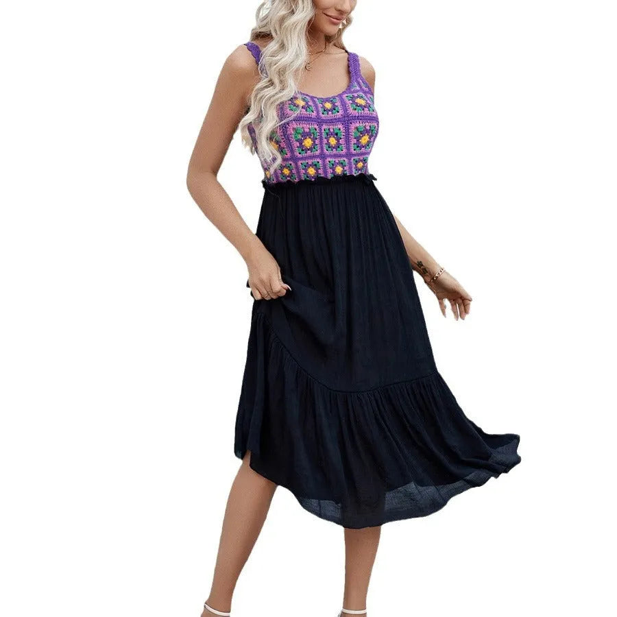 Purple sleeveless dress with hand-hook flower stitching detail on cotton blend fabric