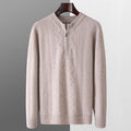 Men's diamond lattice pattern wool half zip sweater in light camel colour