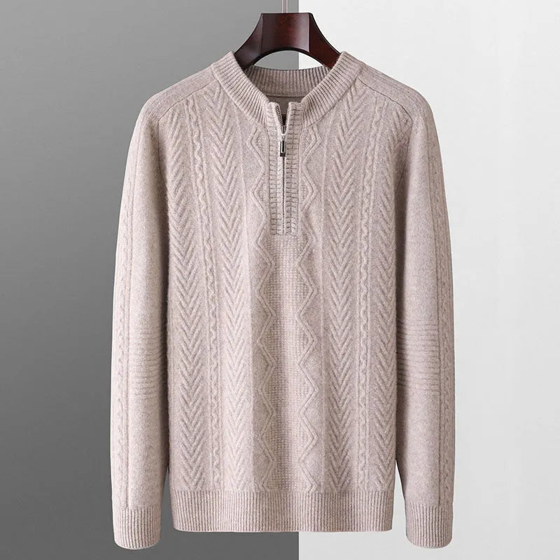 Men's diamond lattice pattern wool half zip sweater in light camel colour