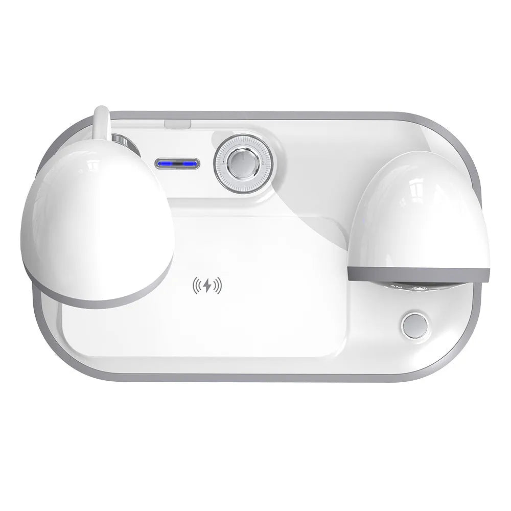 Three-in-one desktop unit combining digital clock, wireless charging pad, and eye protection desk lamp in white or black colour