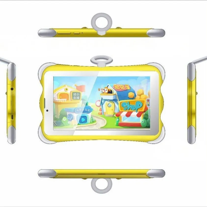 7-inch children's learning tablet in cartoon colours with a stand, showing the screen and 3G call function.