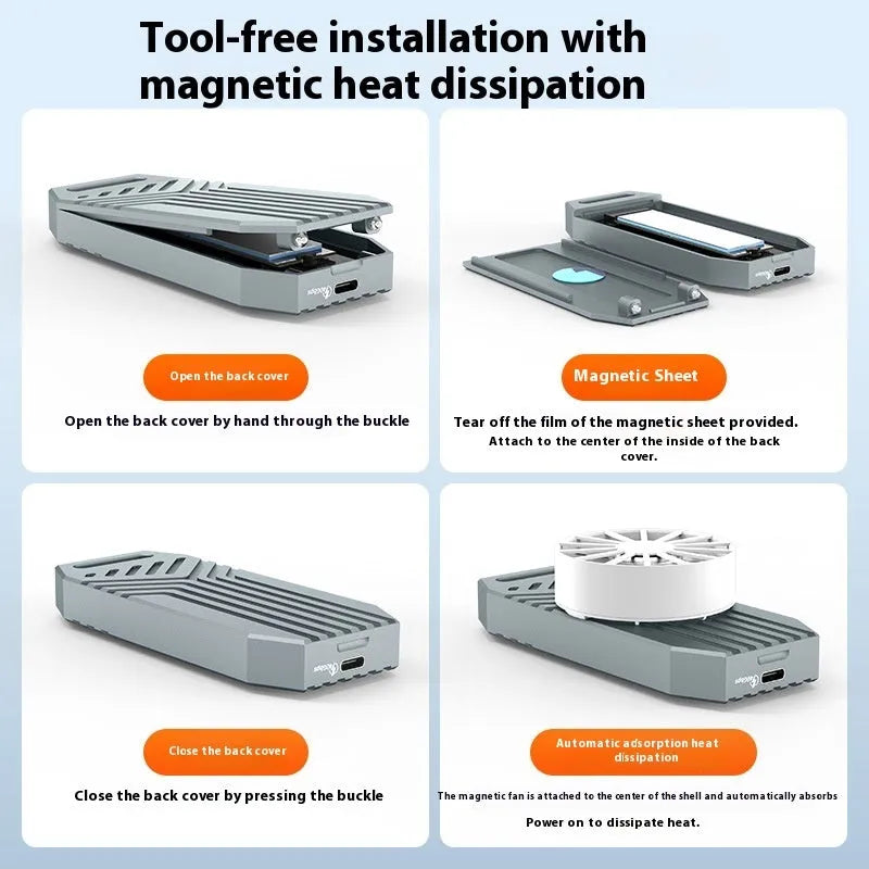 Silver aluminium Thunderbolt 4 external SSD enclosure for M.2 NVMe drives, showing compact size.