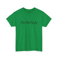 Green women's cotton t-shirt with a white niche letter print on the front, short sleeves
