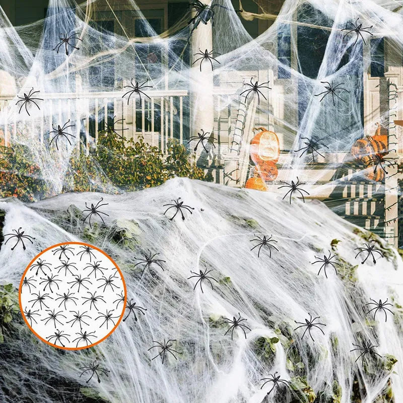 White cotton spider web Halloween decoration with plastic spiders in various pack sizes