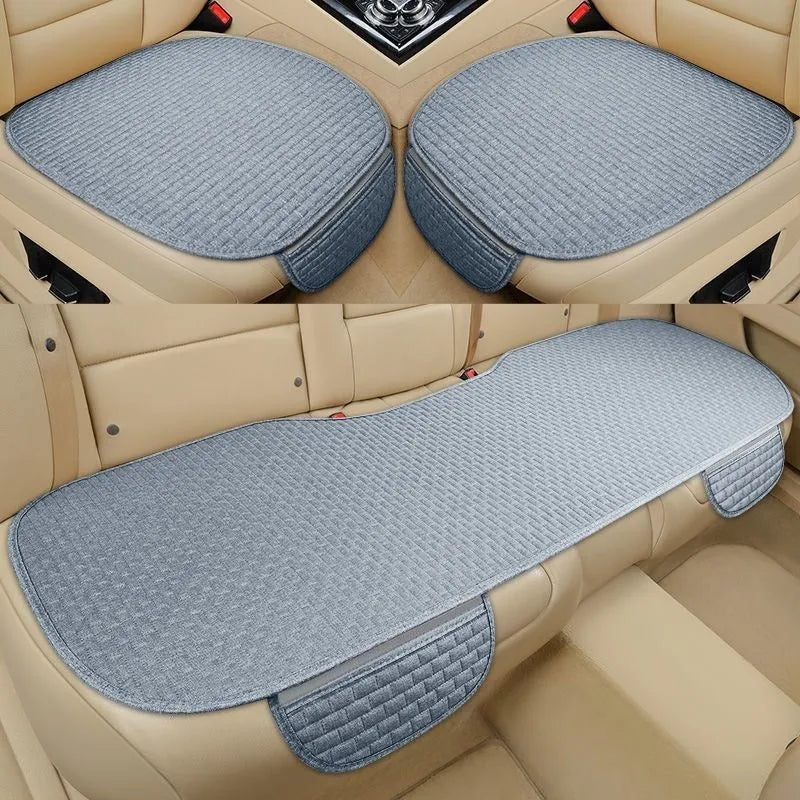 Linen car cushion with hemmed edges in plaid pattern for business vehicle seating