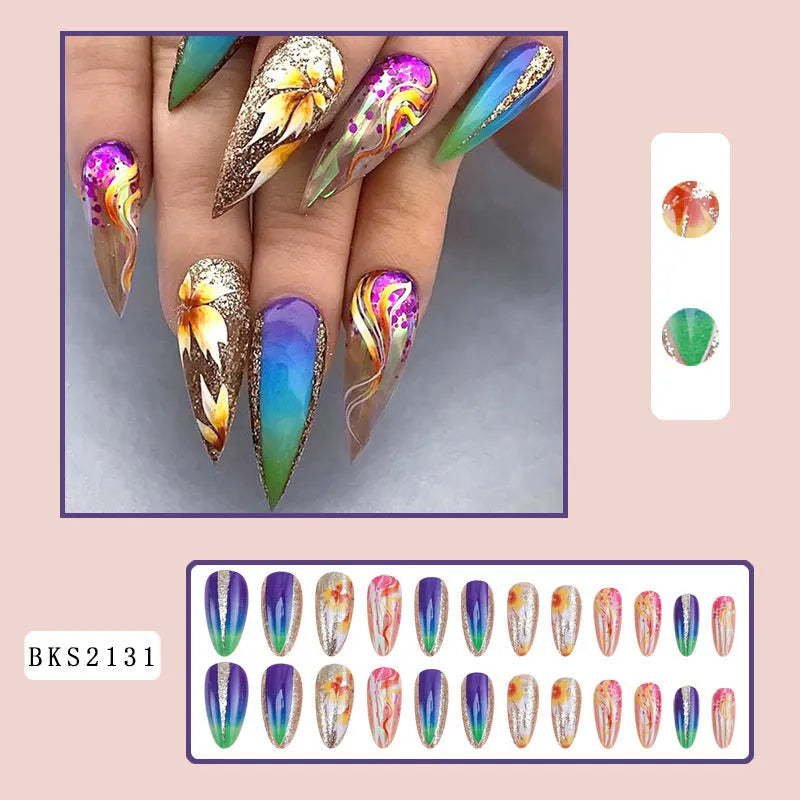 Almond-shaped rainbow nail stickers with colourful lines plaid pattern in four colour variations