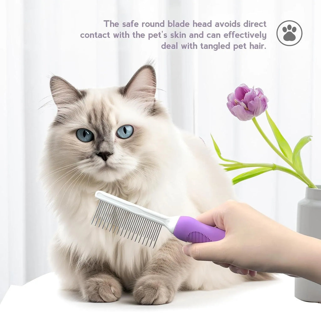 Purple pet detangling comb with stainless steel teeth shown on a dark background
