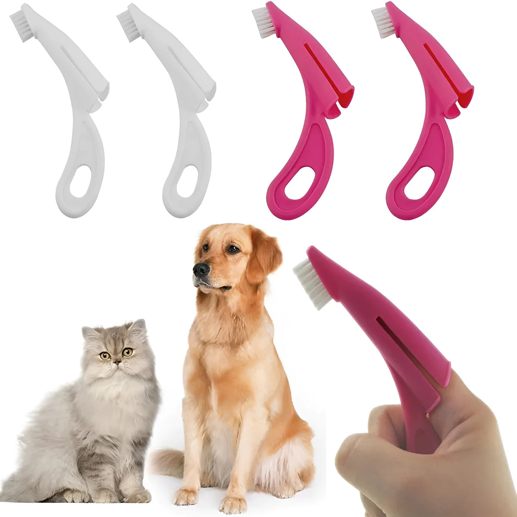 Red and white finger-sleeve toothbrush for cleaning dog and cat teeth, with soft silicone bristles.