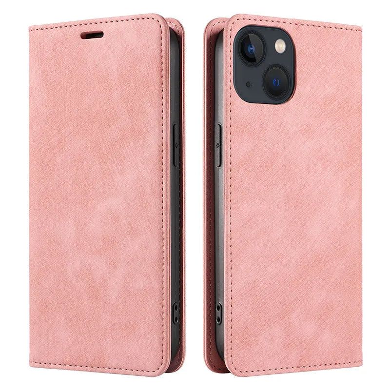 Magnetic flip iPhone case in black with TPU leather construction and magnetic closure flap
