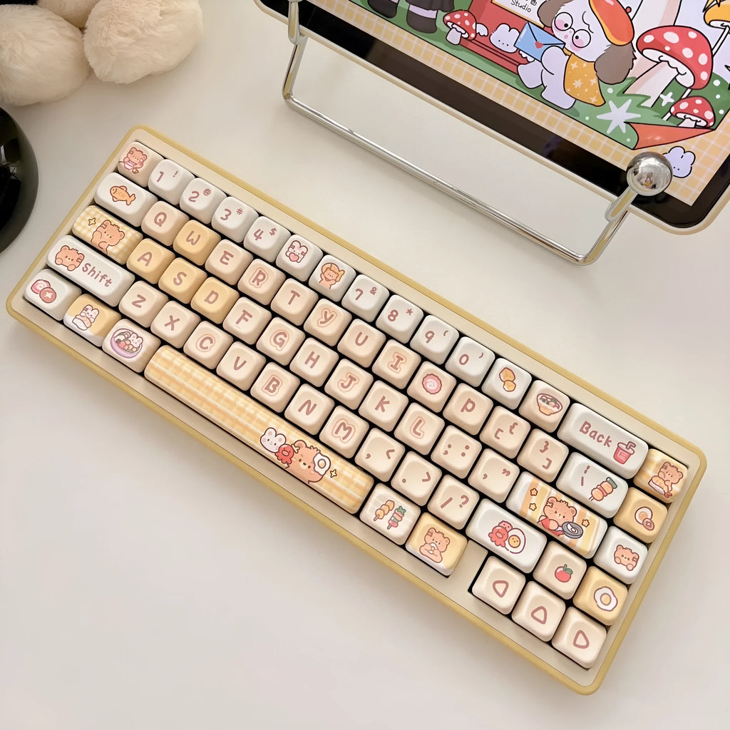 Rabbit Bear Restaurant themed EOA profile PBT keycap set with 140 colourful keycaps for mechanical keyboards.