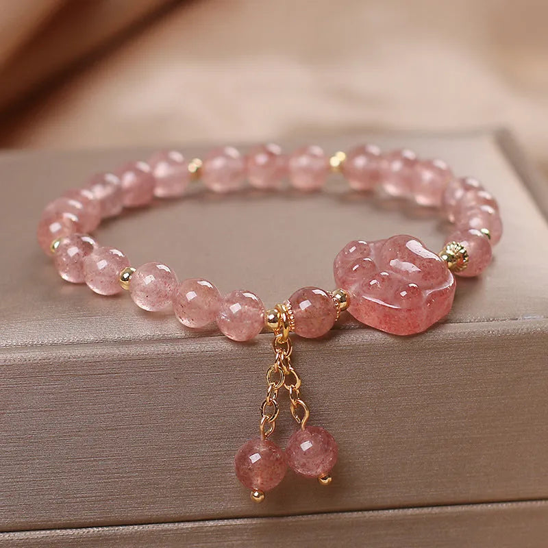 Women's double layer crystal bracelet with red cat's eye flowers and lucky cat charm in fairy style design