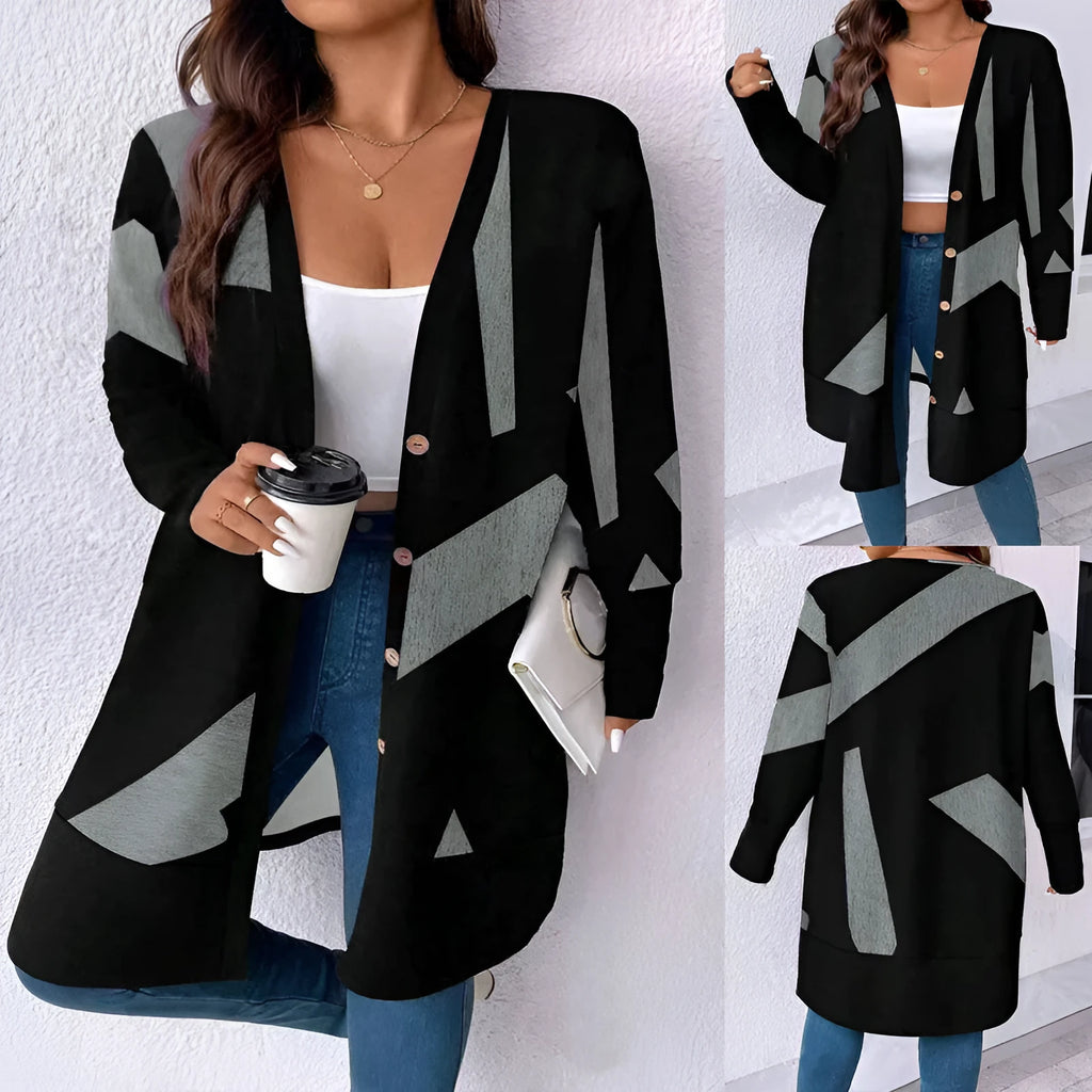 Black plus size casual cardigan coat with button stitching printing detail and regular sleeves