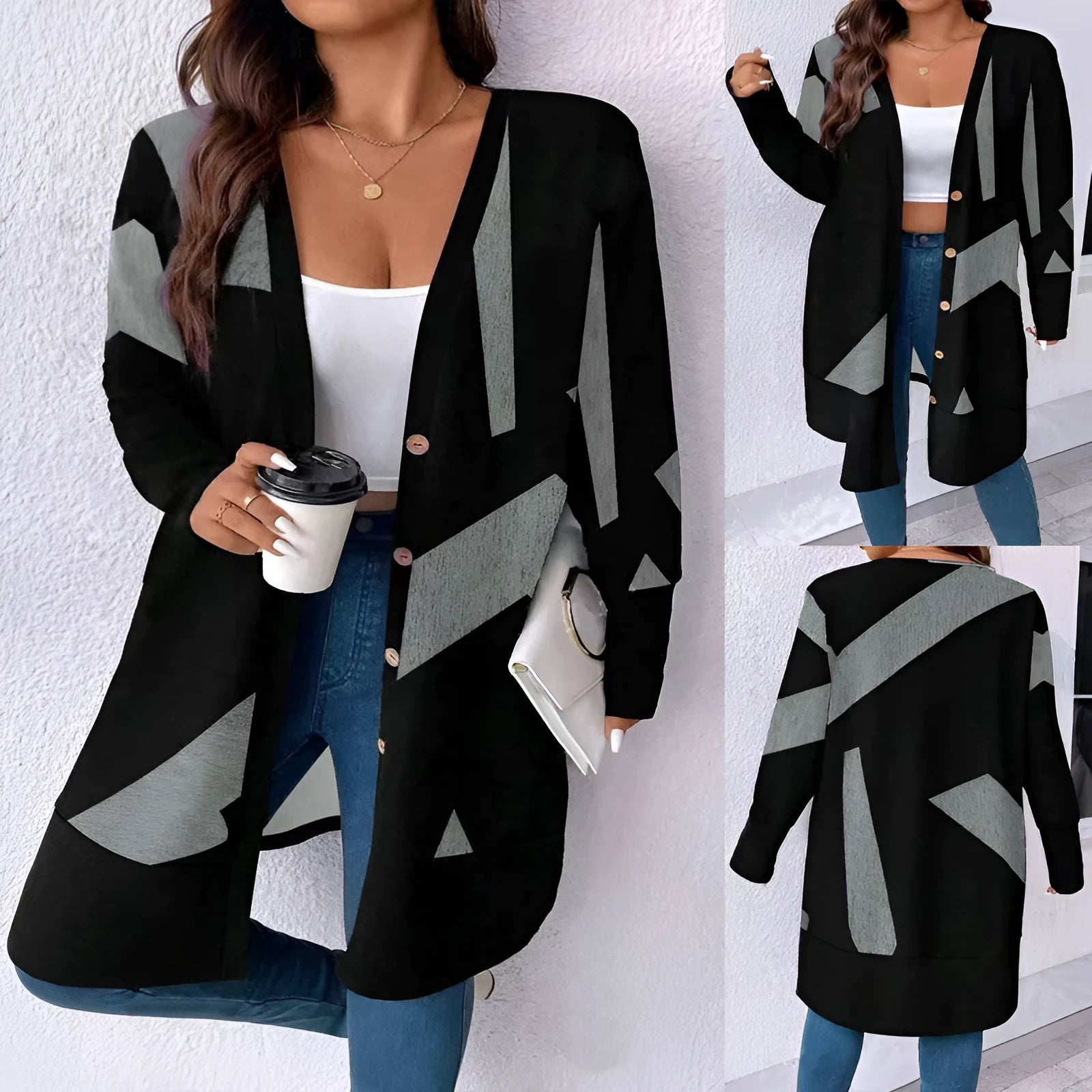 Black plus size casual cardigan coat with button stitching printing detail and regular sleeves