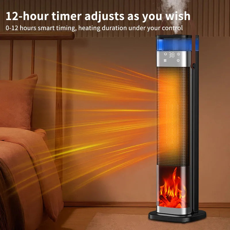 Tall, slim white vertical tower heater with digital display and remote control on a wooden floor.