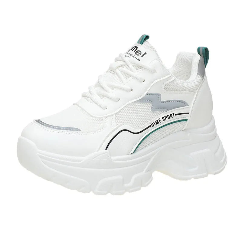 Breathable white and beige women's dad shoes with cross strap and flat rubber sole.
