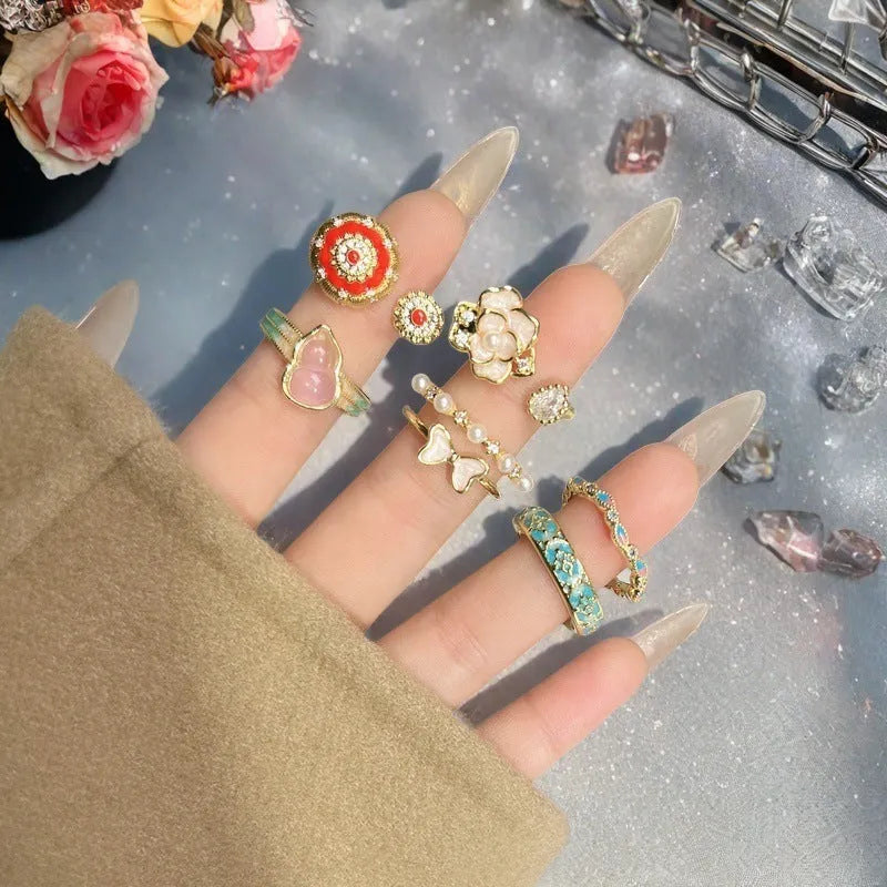 Adjustable women's gourd ring with zircon inlay in oil dripping vintage colours on copper base