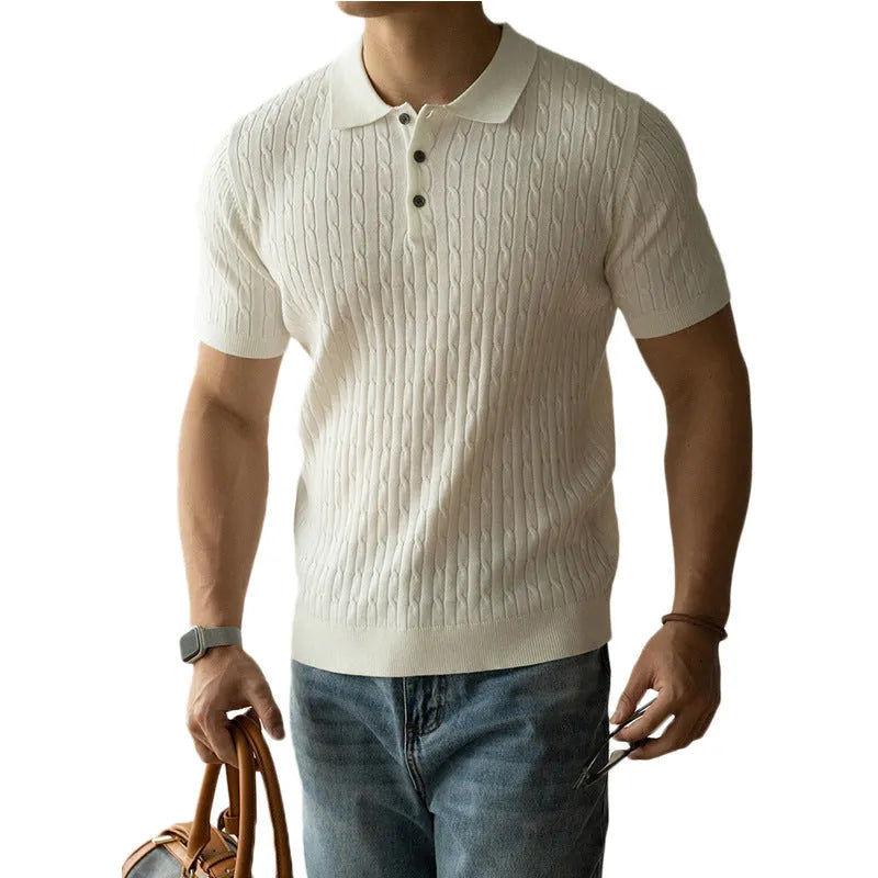 Men's khaki short sleeve polo shirt for business casual wear with Asian sizing labels
