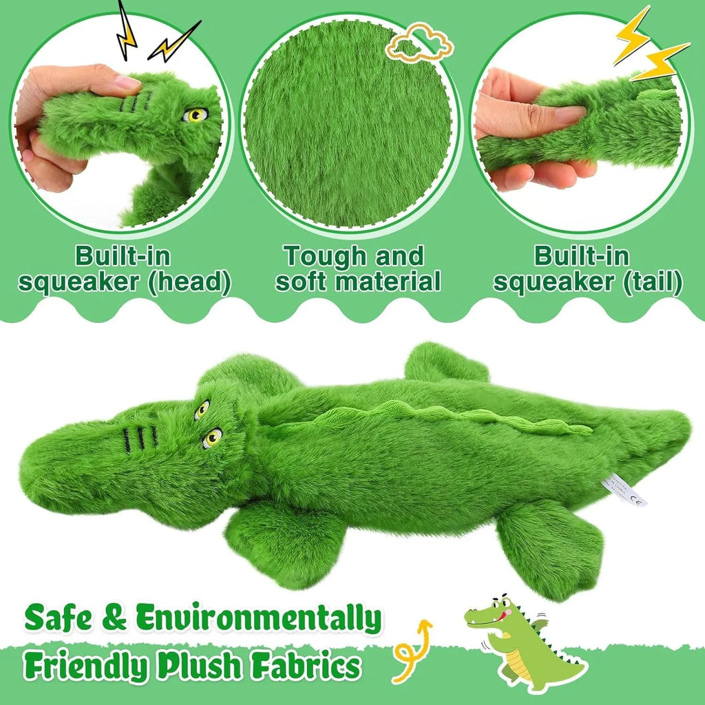 Dark green crocodile-shaped no-stuffing plush dog toy with squeaker and crinkle sound elements