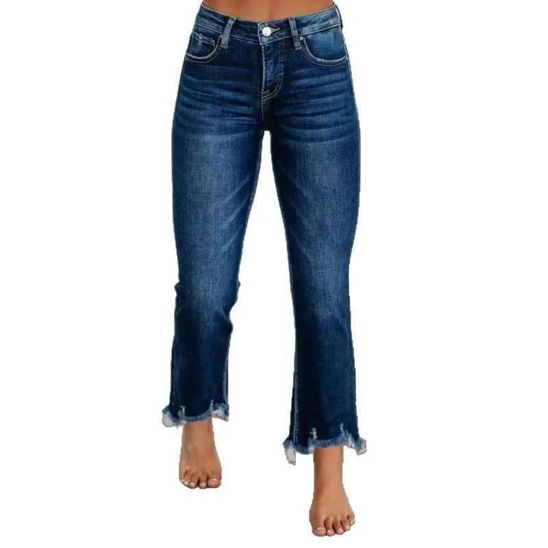 Women's dark blue cotton denim trousers with a hand-distressed casual finish.