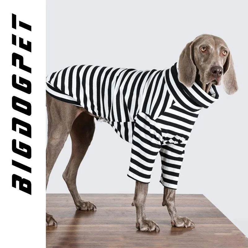 Black and white thin polyester dog clothing for large breeds on a size chart.