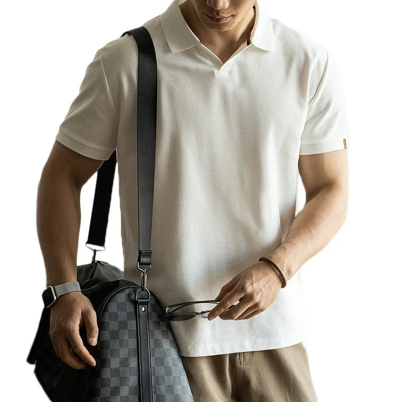 American-style cotton blend short-sleeved polo shirt in blue on a hanger
