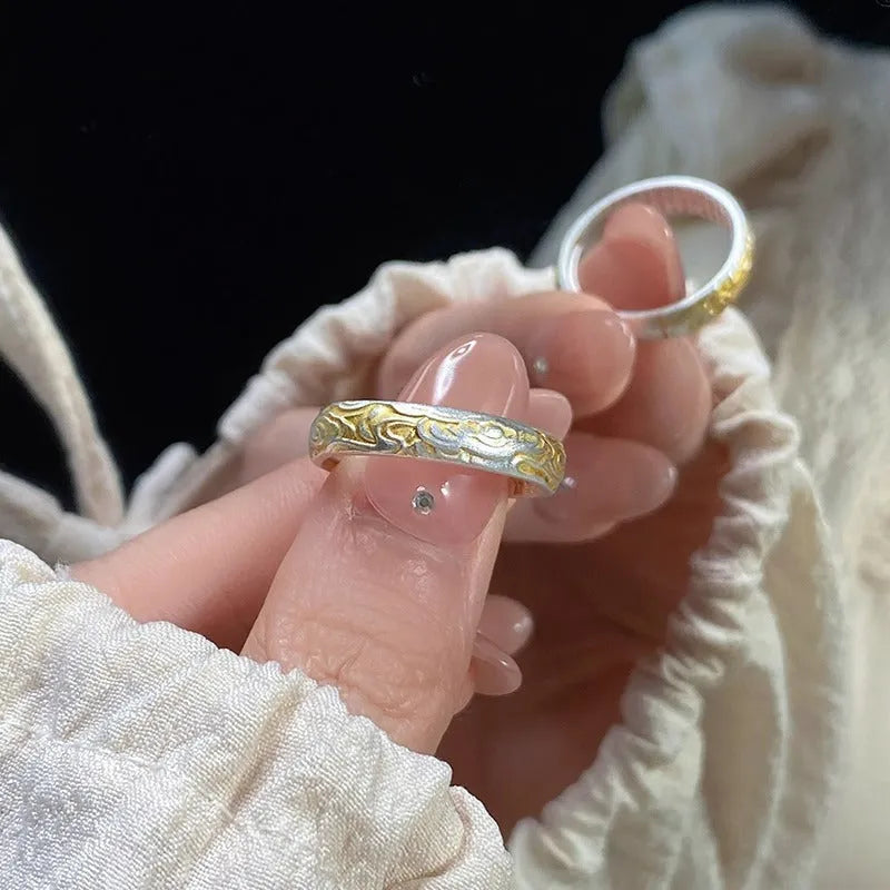 White copper open mouth adjustable ring with geometric fairy style and Xiangyun pattern design in electroplated silver or gold finish