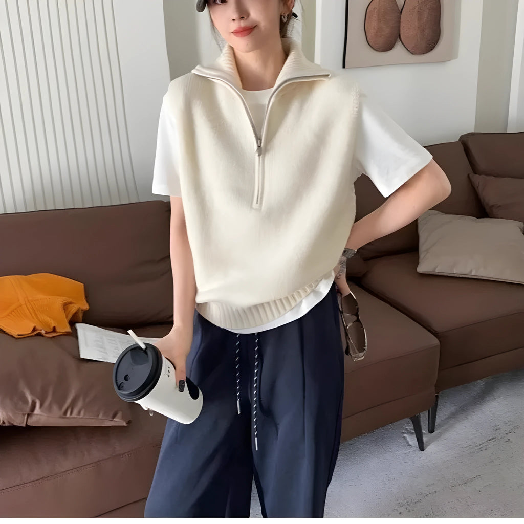 Retro half zip sleeveless knit vest with 3D mesh pattern in solid colour