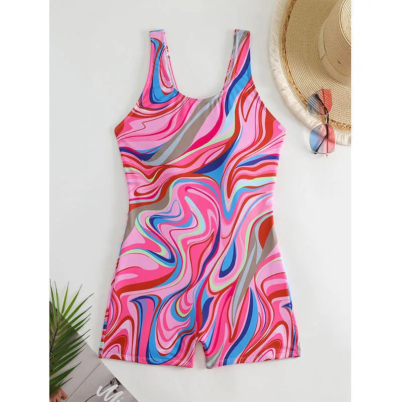 Women's printed conservative one-piece swimsuit with high waist and backless design