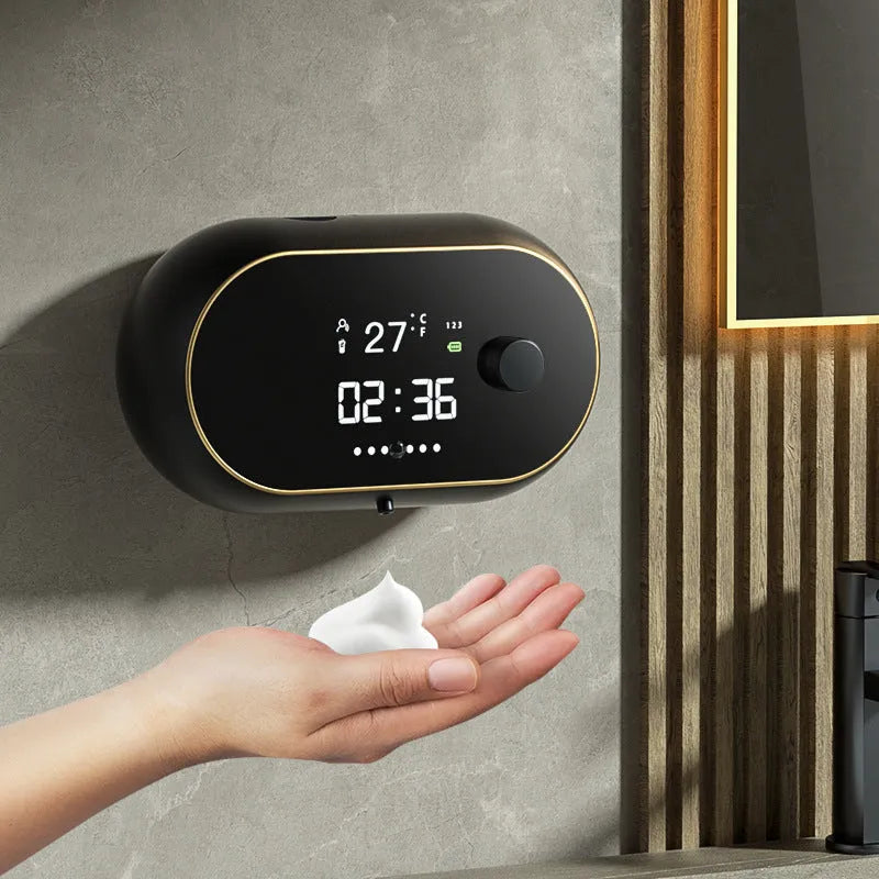 White automatic wall-mounted foam soap dispenser with sensor, USB cable, and 500ml capacity.