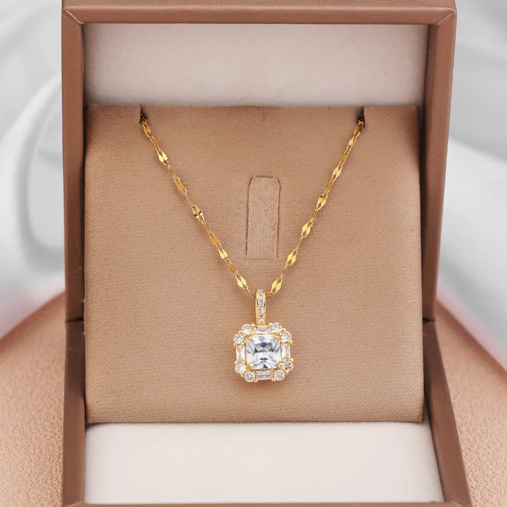 Women's geometric clavicle chain with quadrilateral pendant containing mixed gem inlays on water wave titanium steel chain
