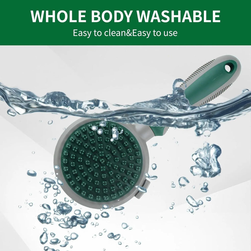 Two-sided silicone cat brush showing retractable slicker side and octopus-teeth massager side