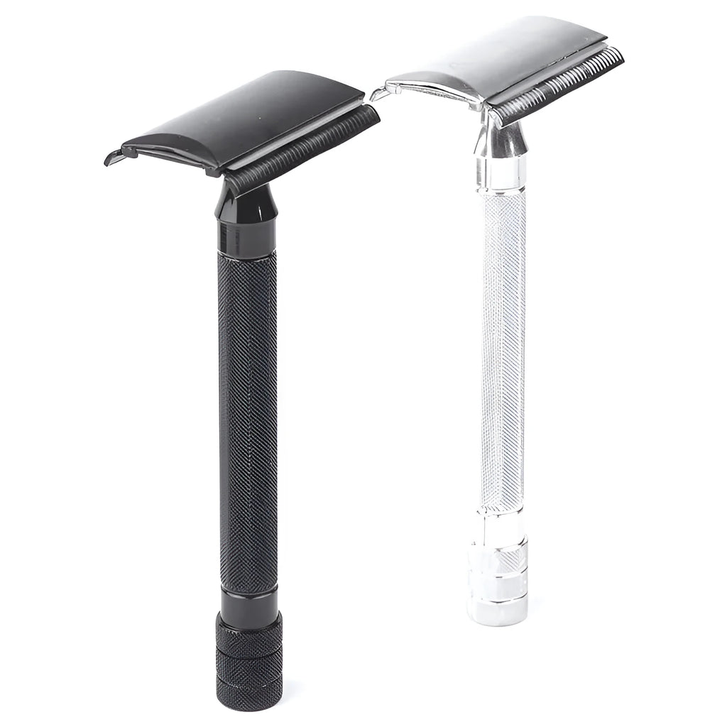 Old-fashioned manual metal shaving scraper and brush set in black and silver finishes