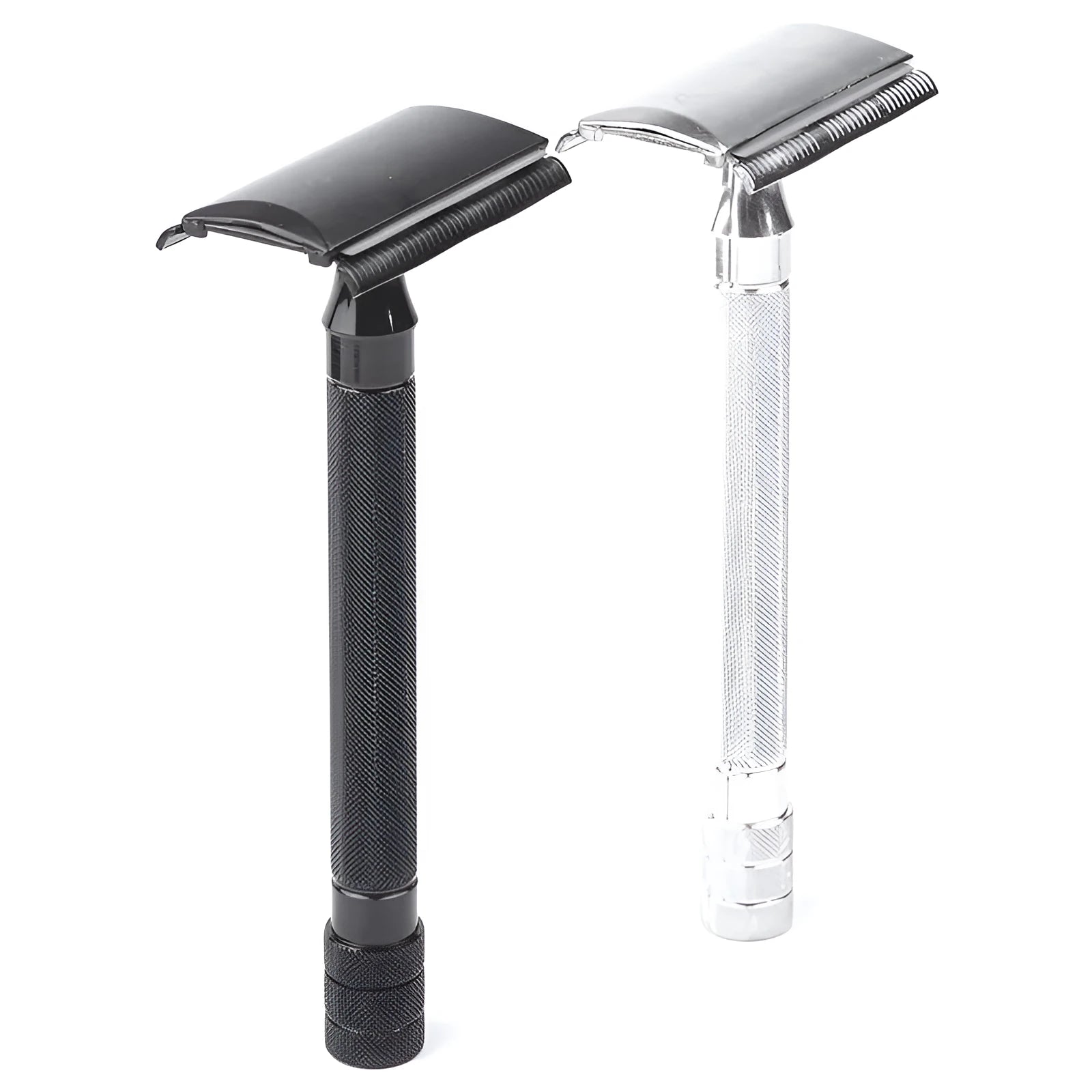 Old-fashioned manual metal shaving scraper and brush set in black and silver finishes