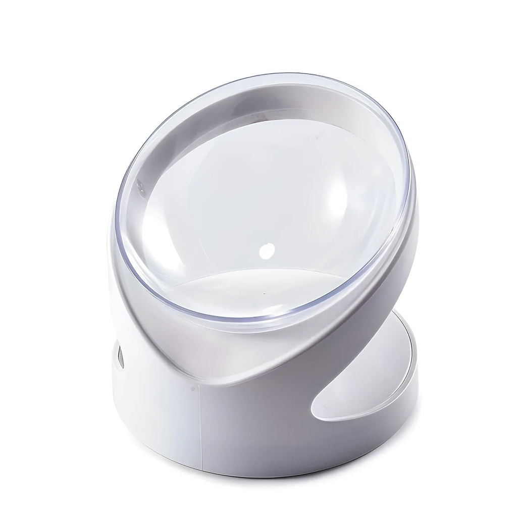White elevated plastic cat food bowl with clear dish on a tilted stand