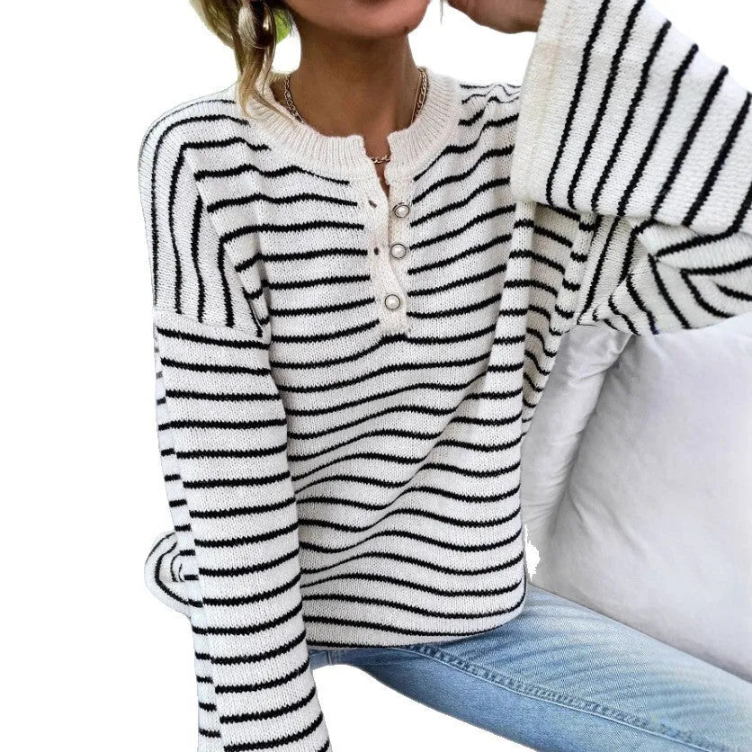 Women's black and white striped loose long sleeve viscose top with drop shoulders
