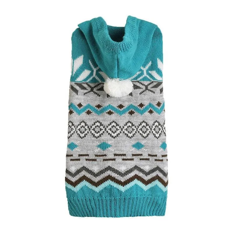 Blue knitted dog sweater with a diamond pattern on a small dog model.