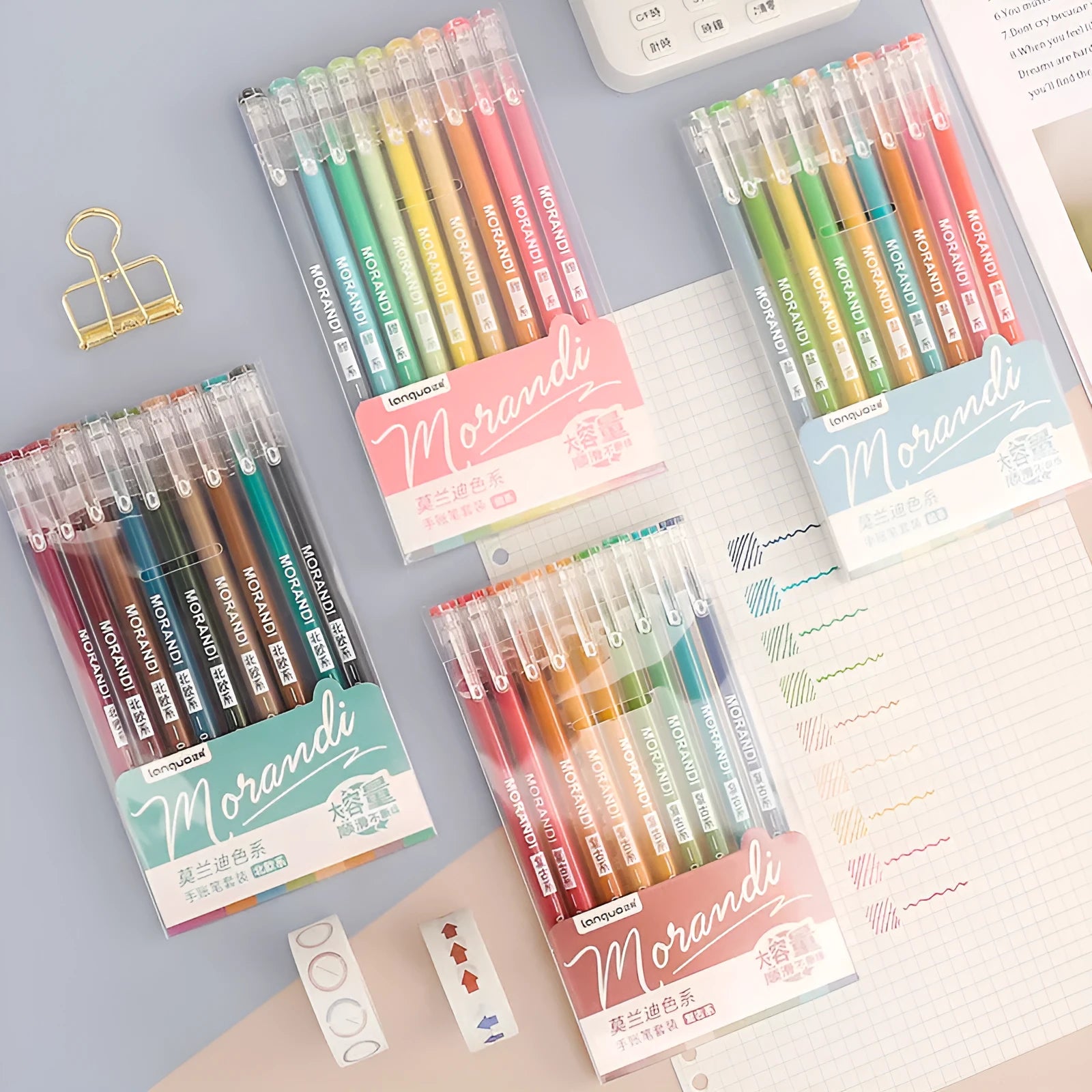 Set of nine solid colour gel pens with 0.5mm needle tips, in plastic shells, presented in a choice of colour series.