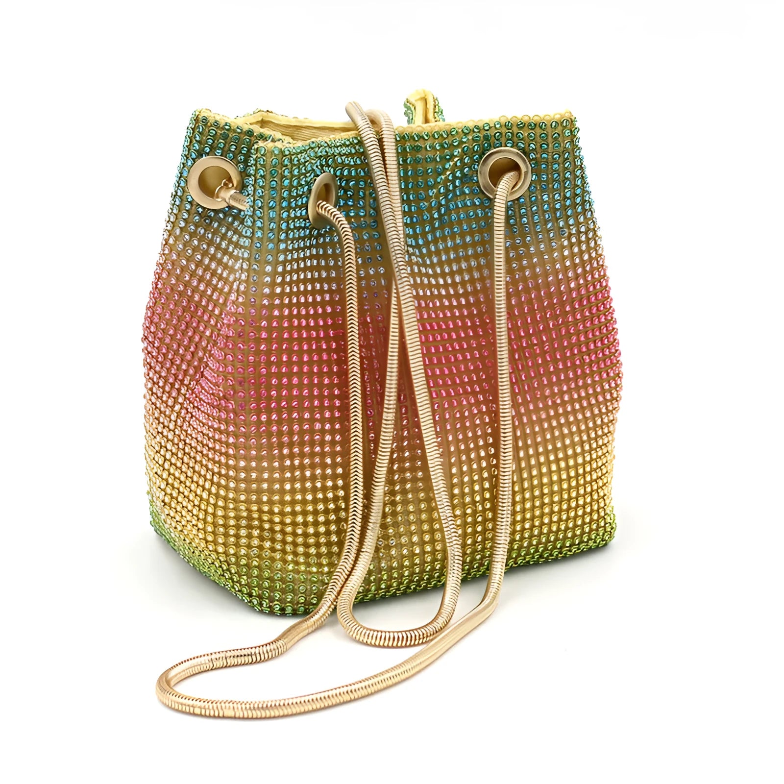 Rainbow coloured rhinestone bucket bag with a crossbody shoulder strap on a white background.