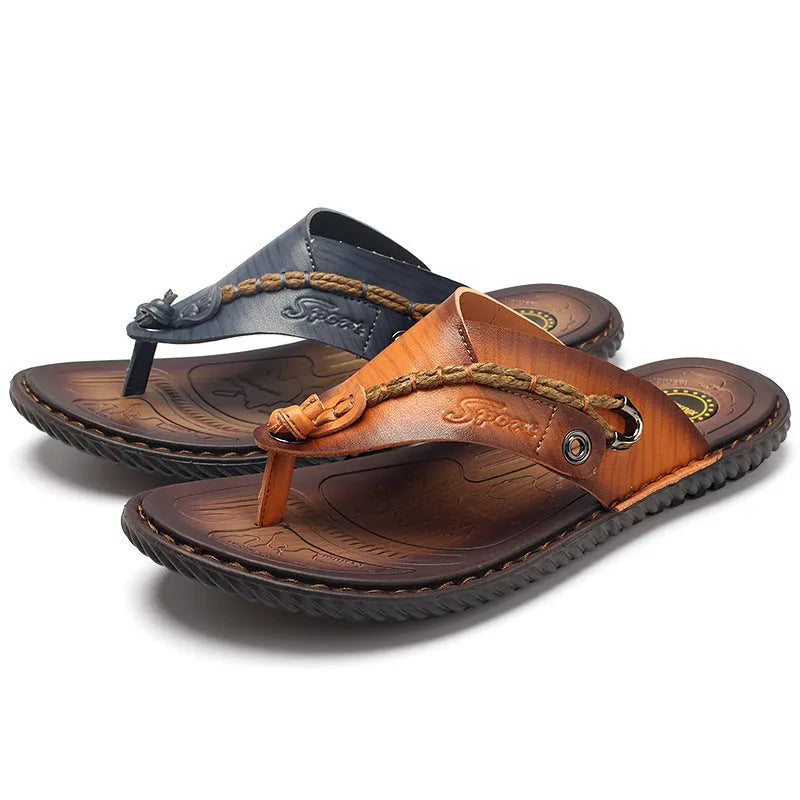 Men's dark blue outdoor slippers with herringbone rubber soles and leather lining, plus size 38-46