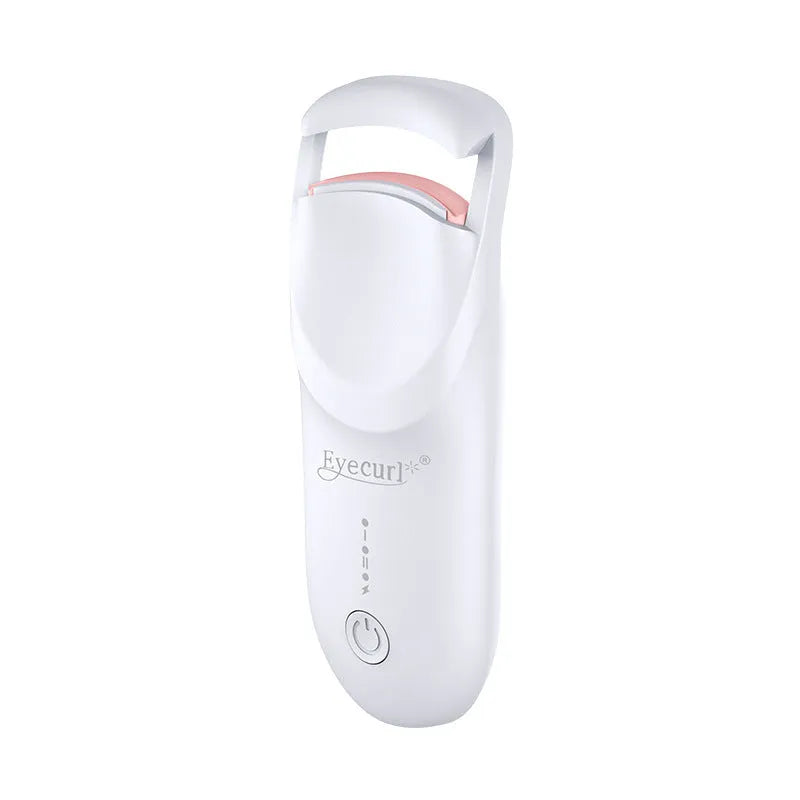 USB charging electric heating eyelash curler in cream white, pink, or apricot.