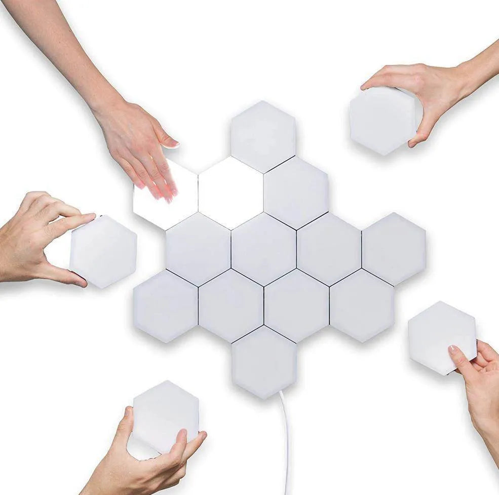 Helios modular honeycomb wall lamp with touch control and multiple colour options on a modern interior wall