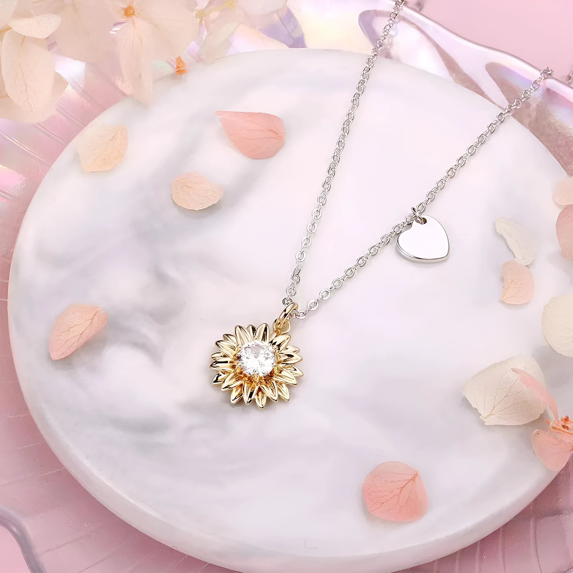 Women's sterling silver sunflower necklace with geometric daisy petals and adjustable 21-50 cm length