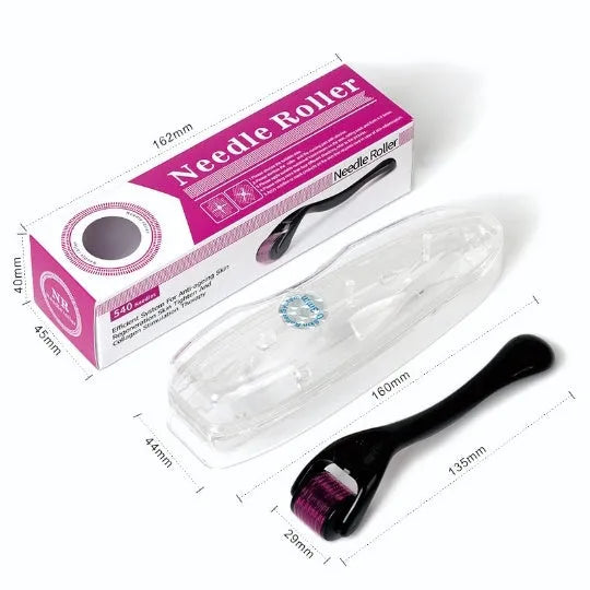 Black and purple derma rollers with 540 titanium microneedles, showing different needle length options from 0.2mm to 1.0mm